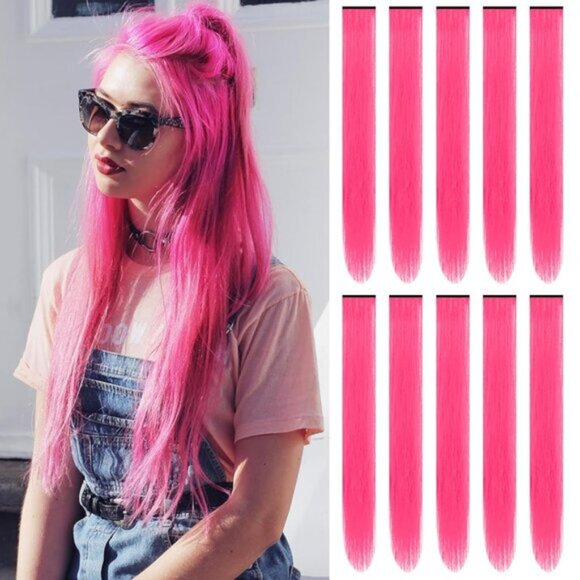 New 10PCS 22" Hot Pink Colour Straight Highlights Clip-in Hair Extensions